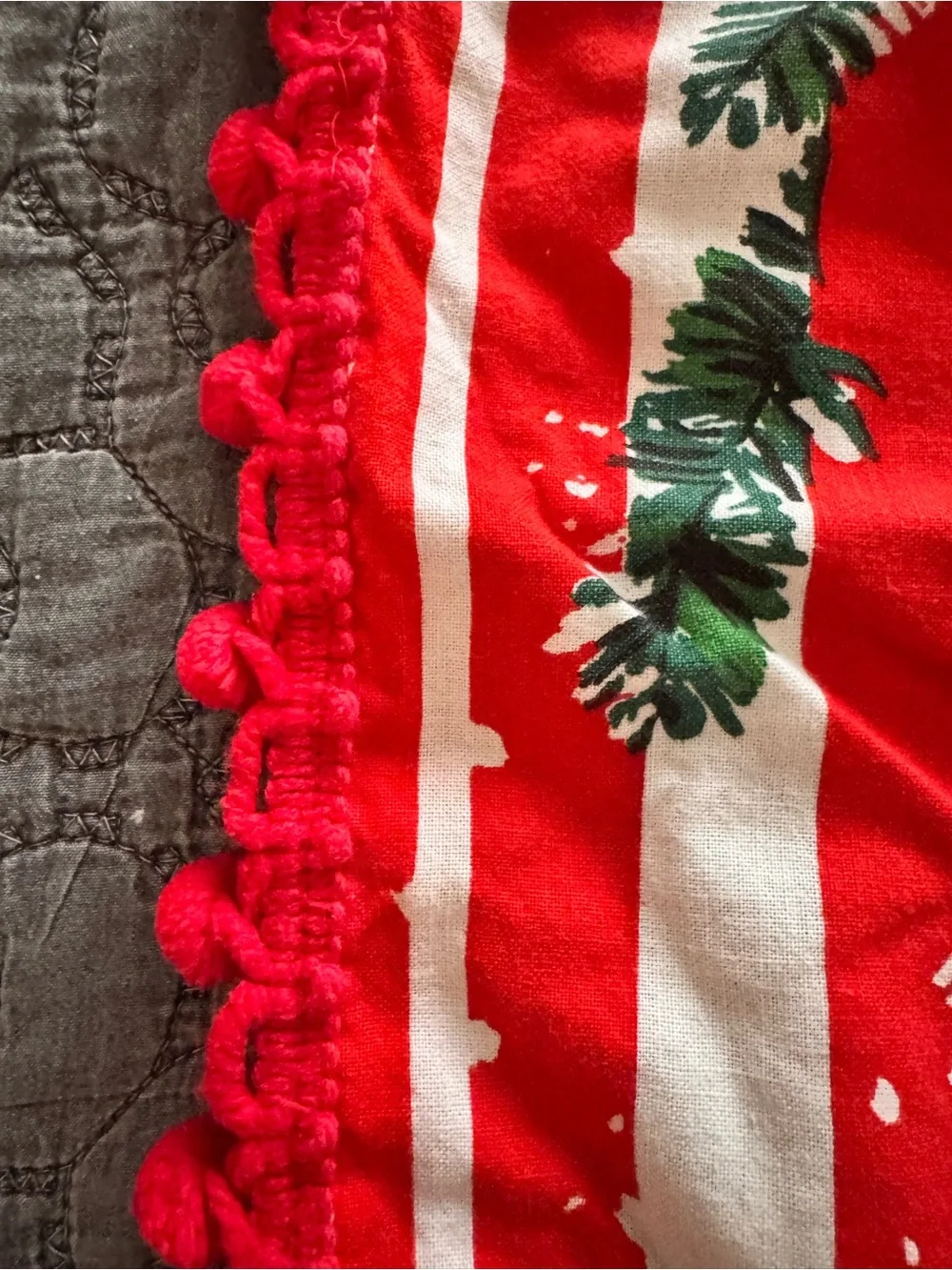 Vintage Christmas Tablecloth 65x50 Red White Pine Branches Pom Pom Trim Holiday
